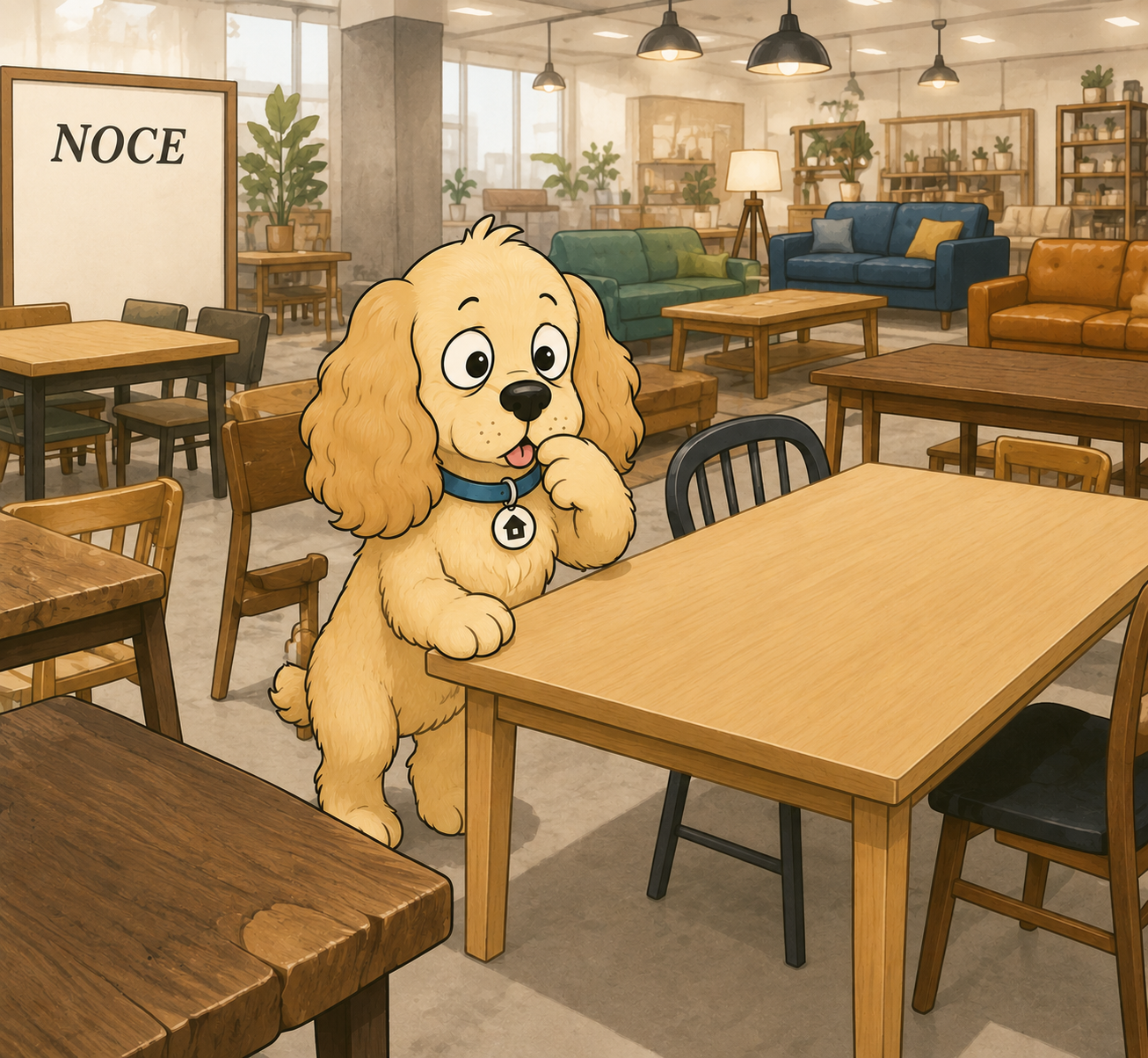 家具店NOCEの店内でテーブルを覗き込む背伸びワンコ